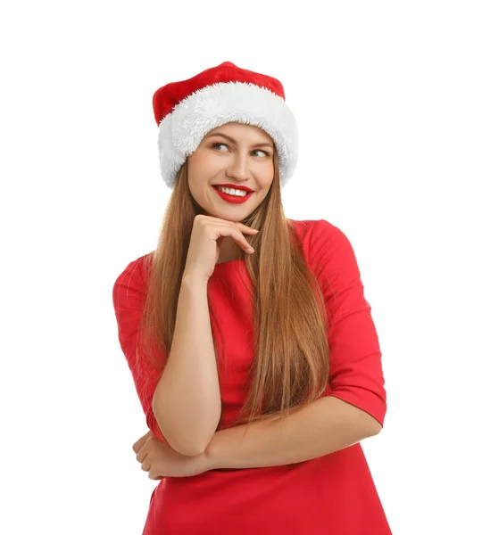 Jeune Belle Femme Chapeau Père Noël Sur Fond Blanc Fête — Photo