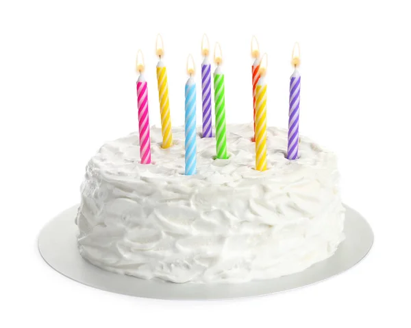 Tarta Cumpleaños Con Velas Sobre Fondo Blanco —  Fotos de Stock