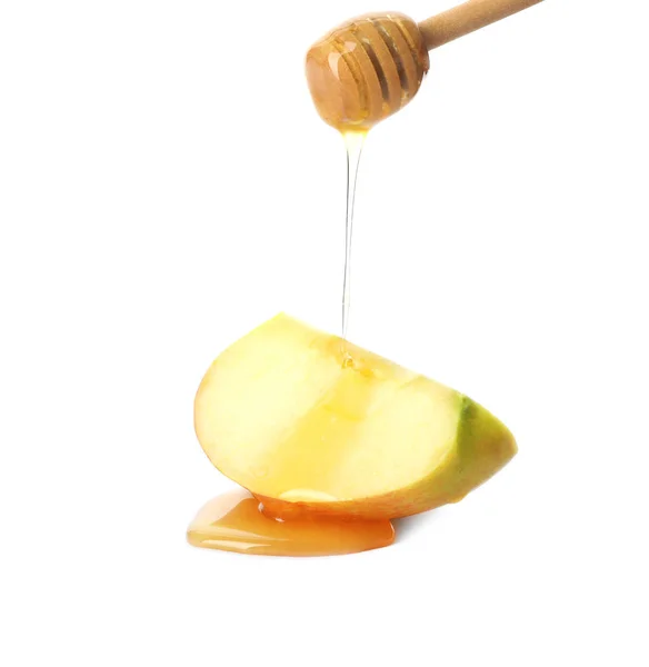 Gieten Van Zoete Honing Gesneden Appel Witte Achtergrond — Stockfoto