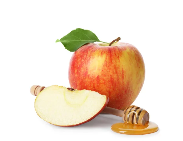 Яблоки Мед Диппер Белом Фоне — стоковое фото