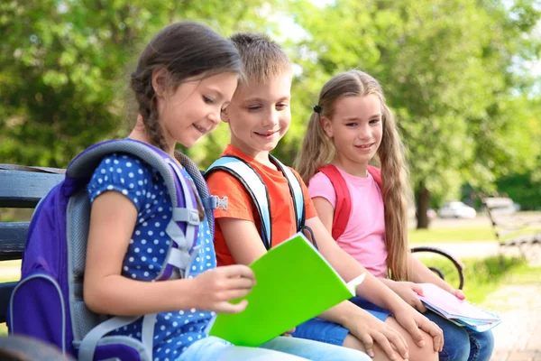 Lindos Niños Pequeños Con Mochilas Cuadernos Aire Libre Escuela Primaria — Foto de Stock