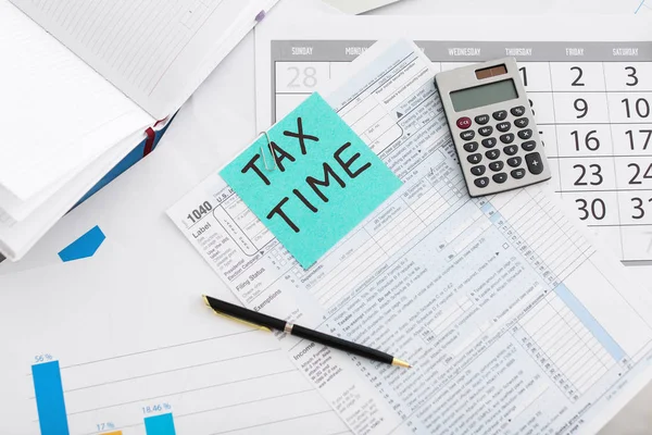 Flat Lay Composition Documents Calculator Table Tax Time — Stock Photo, Image