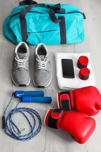 Composition Sports Bag Wooden Floor — Stock Photo, Image