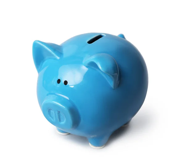 Blauwe Piggy Bank Grijze Achtergrond Geld Besparing — Stockfoto