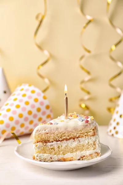 Slice Delicious Birthday Cake Candle Table Royalty Free Stock Photos