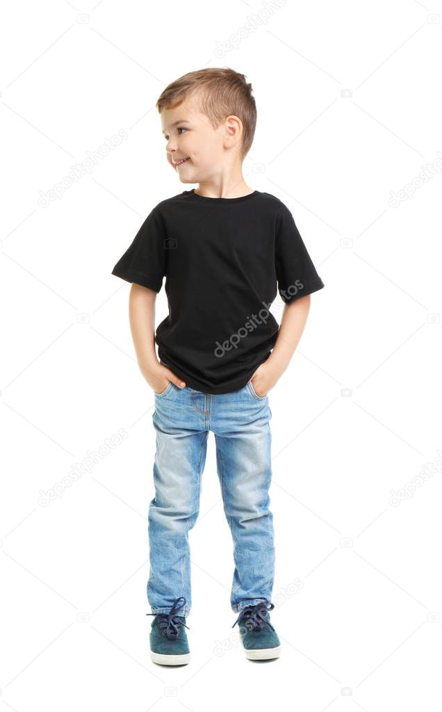 Little boy in t-shirt on white background. Mockup for design