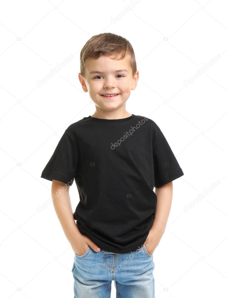 Little boy in t-shirt on white background. Mockup for design