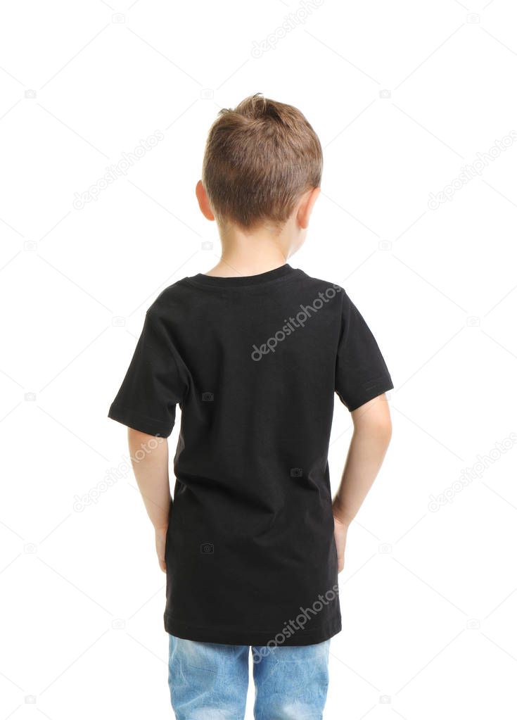 Little boy in t-shirt on white background. Mockup for design
