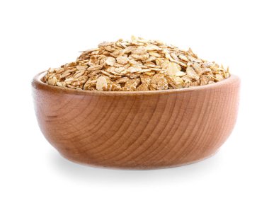 Beyaz arka plan üzerinde çiğ yulaf ezmesi ile top. Sağlıklı tahıl ve tahıl