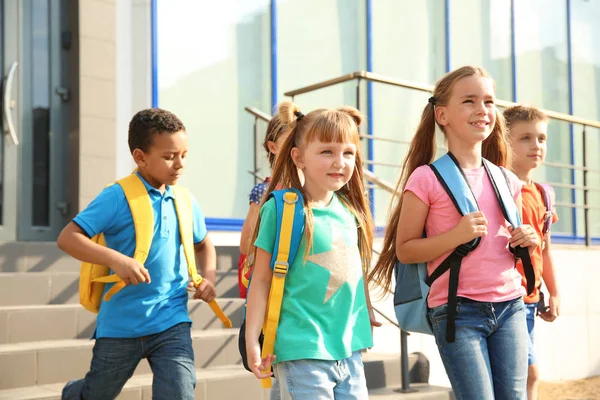 Cute Little Children Backpacks Outdoors Elementary School — Stock Photo, Image