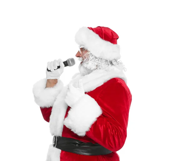 Santa Claus Śpiewa Mikrofonu Białym Tle Muzyka Świąteczna — Zdjęcie stockowe