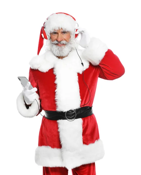 Санта Клаус Слушает Рождественскую Музыку Белом Фоне — стоковое фото