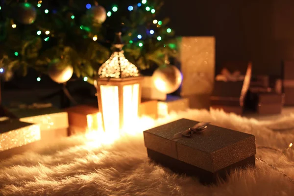 Gift Box Decorative Lantern Room Stylish Christmas Interior — Stock Photo, Image