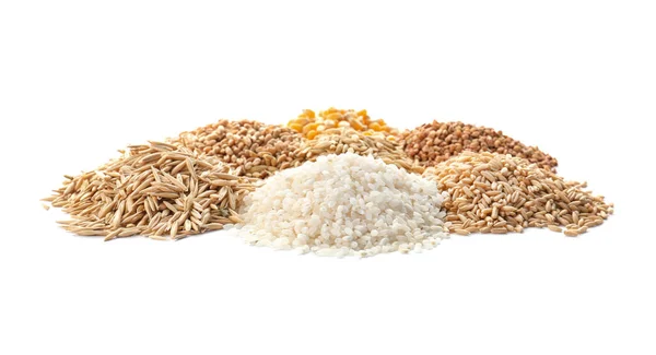 Diferentes Tipos Grãos Cereais Sobre Fundo Branco — Fotografia de Stock