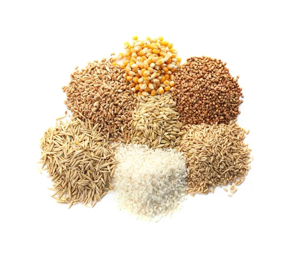 Diferentes Tipos Granos Cereales Sobre Fondo Blanco — Foto de Stock