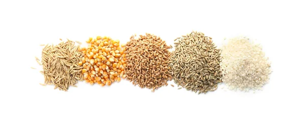 Différents Types Grains Céréales Sur Fond Blanc — Photo