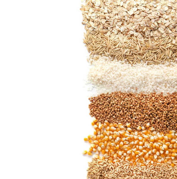 Different Types Grains Cereals White Background — Stock Photo, Image