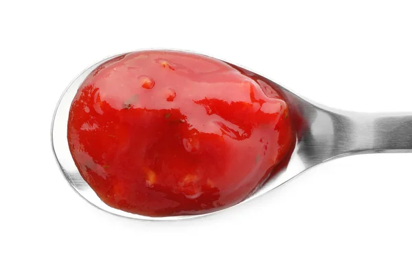 Cuchara Con Salsa Chile Picante Sobre Fondo Blanco Vista Superior — Foto de Stock