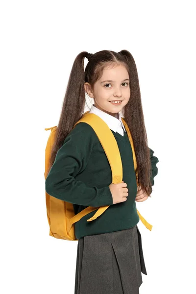 Kleines Mädchen Stilvoller Schuluniform Auf Weißem Hintergrund — Stockfoto