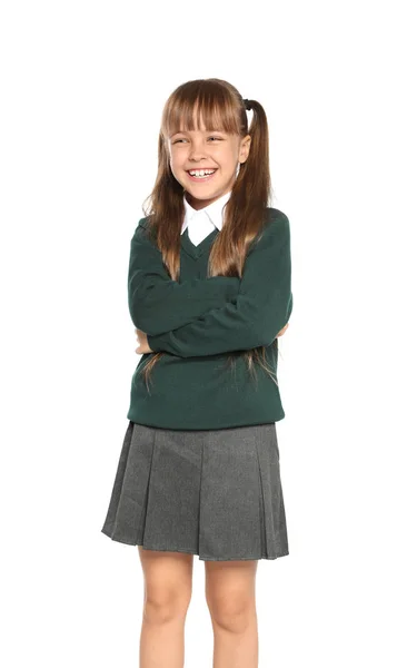 Niña Elegante Uniforme Escolar Sobre Fondo Blanco —  Fotos de Stock