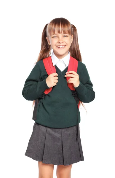 Kleines Mädchen Stilvoller Schuluniform Auf Weißem Hintergrund — Stockfoto