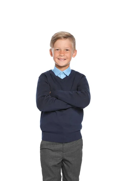 Маленький Хлопчик Стильній Шкільній Формі Білому Тлі — стокове фото