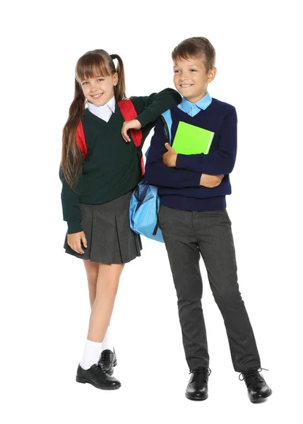 Kleine Kinder Stylischer Schuluniform Auf Weißem Hintergrund — Stockfoto