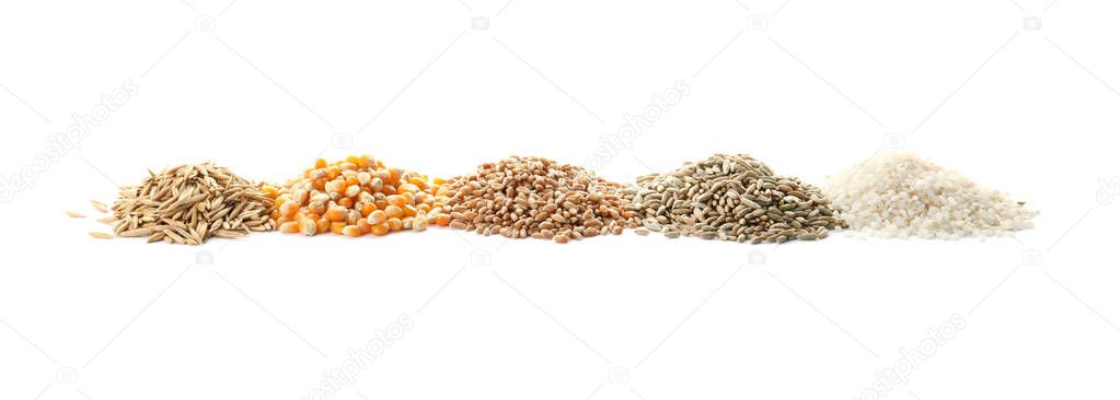 Different types of grains and cereals on white background