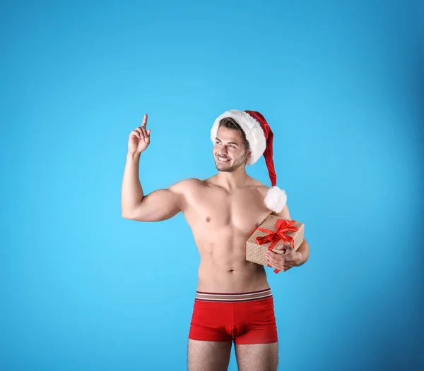 Shirtless Sexy Young Santa Claus Gift Color Background — Stock Photo, Image