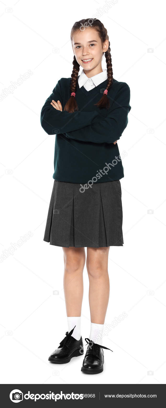 Teenage Girl Stylish School Uniform White Background Stock Photo