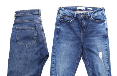 Beyaz arka plan, üstten görünüm üzerinde şık kot pantolon