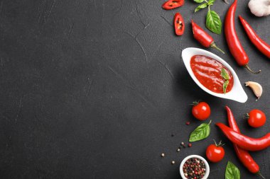 Acı biber sosu ve koyu arka plan üzerinde farklı baharat sos tekne ile düz yatıyordu kompozisyon