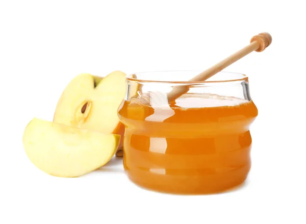 Pot Verre Avec Miel Doux Pommes Sur Fond Blanc — Photo