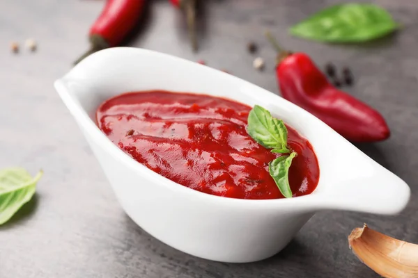 Gravy Boat Spicy Chili Sauce Dark Table — Stock Photo, Image