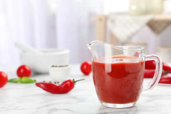 Jug Spicy Chili Sauce Marble Table — Stock Photo, Image