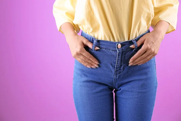 Woman Stylish Blue Jeans Color Background — Stock Photo, Image