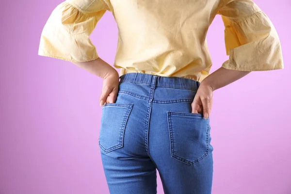 Woman Stylish Blue Jeans Color Background — Stock Photo, Image