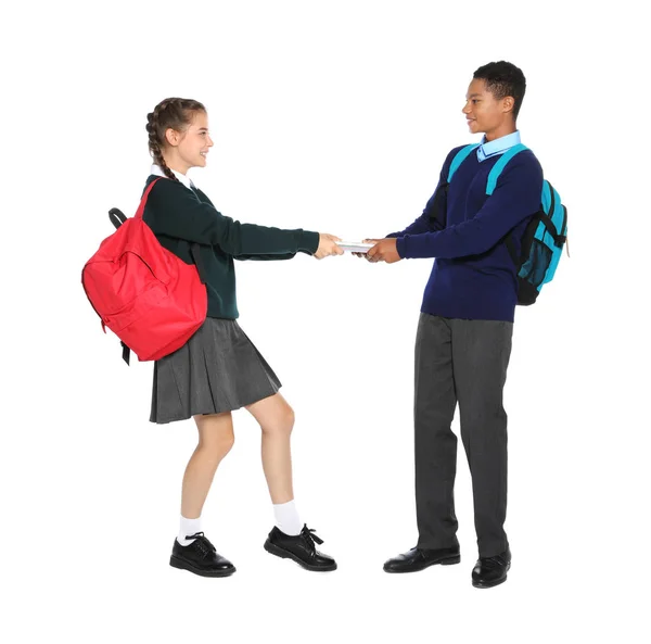 Adolescentes Uniforme Escolar Elegante Fundo Branco — Fotografia de Stock