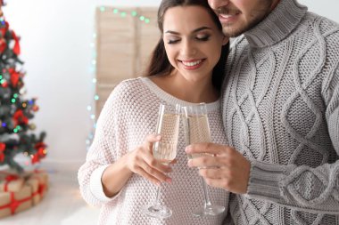 Bardak şampanya kutlama Noel evde mutlu genç çift
