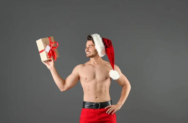 Shirtless Sexy Young Santa Claus Gift Color Background — Stock Photo, Image