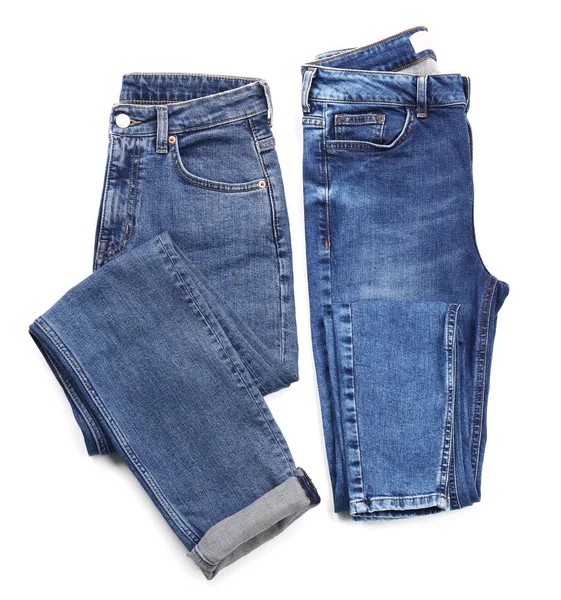 Jeans Alla Moda Sfondo Bianco Vista Dall Alto — Foto Stock