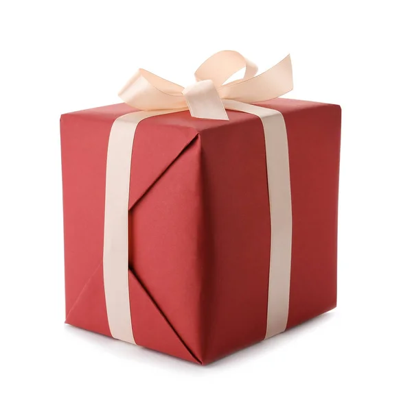 Красивая Подарочная Коробка Лентой Белом Фоне — стоковое фото