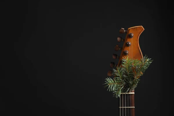 Guitare Avec Rameau Sapin Sur Fond Noir Concept Musique Noël — Photo