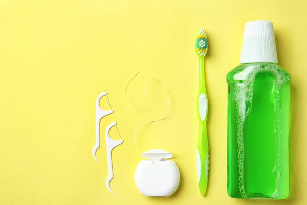 Flat Lay Composition Manual Toothbrush Oral Hygiene Products Color Background — Stock Photo, Image