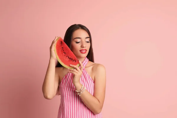 Beautiful Young Woman Posing Watermelon Color Background — Stock Photo, Image