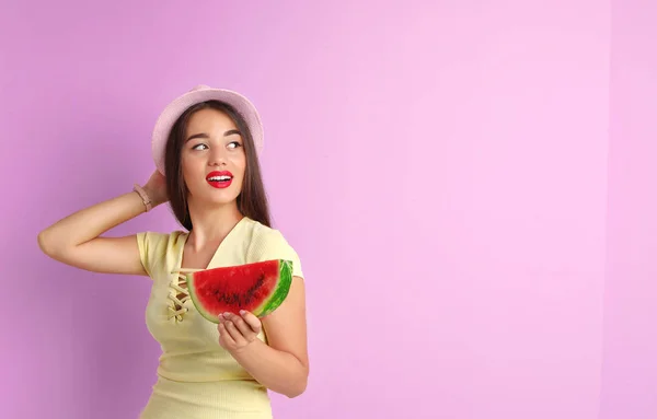 Beautiful Young Woman Posing Watermelon Color Background — Stock Photo, Image