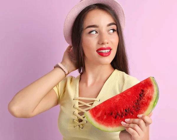 Beautiful Young Woman Posing Watermelon Color Background — Stock Photo, Image