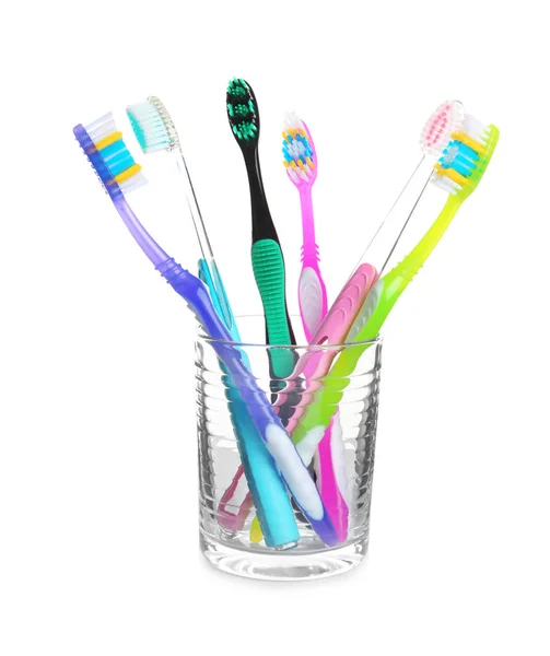 Cup Different Toothbrushes White Background Dental Care — Stock Photo, Image