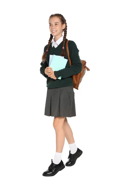 Elegáns Iskola Egységes Fehér Háttér Tizenéves Lány — Stock Fotó