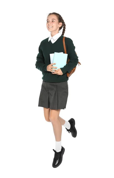 Elegáns Iskola Egységes Fehér Háttér Tizenéves Lány — Stock Fotó
